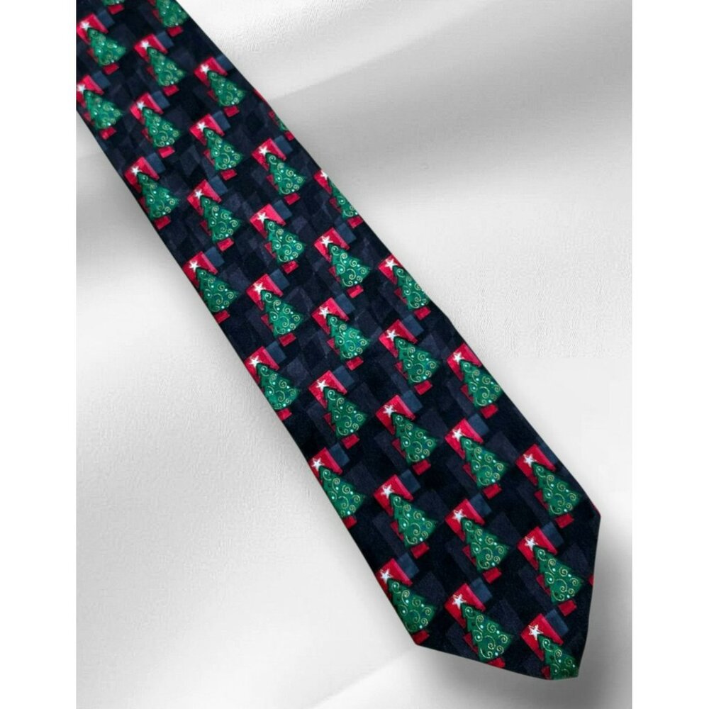 VTG Silk Christmas Tree Neck Tie Black Green Red Gold Holiday Party Hallmark USA